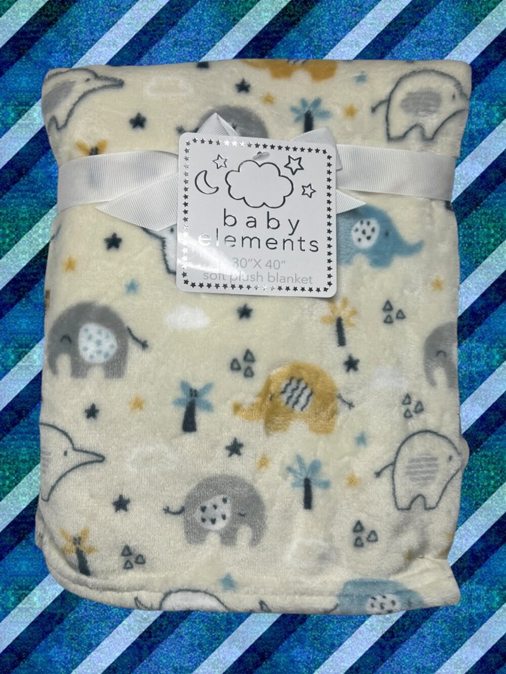 NWT Elephants Stars Trees Clouds Plush Baby Blanket Animal Print Cream Toddler